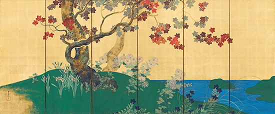 四季花木図屏風（左隻）鈴木其一　江戸時代　出光美術館蔵